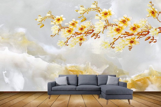 Interior design featuring a living room with a wall mural of yellow flowers, adding a touch of nature indoors.