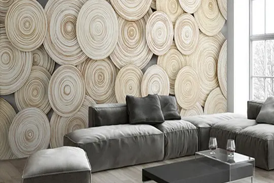 A living room with a large wall mural in an office interior.