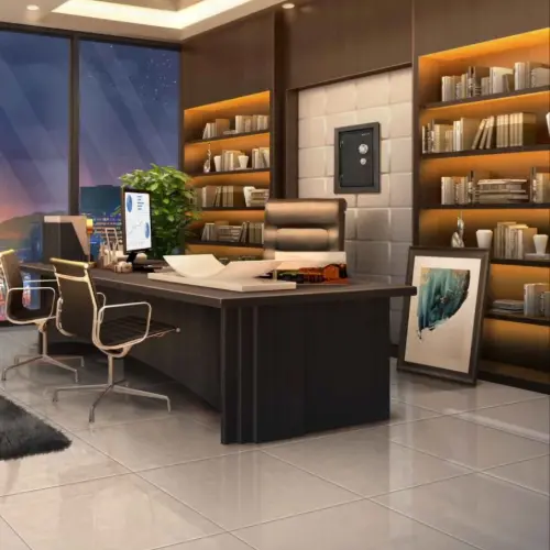 A modern office with a large desk and a large window, showcasing sleek interior design.