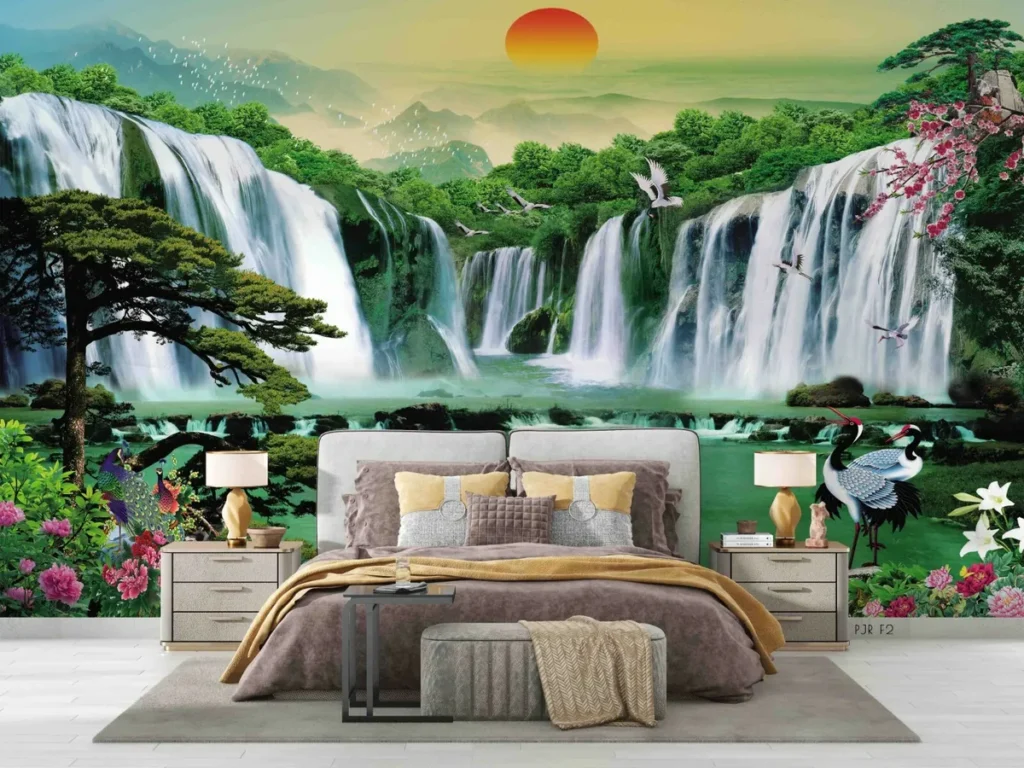 A tranquil living room adorned with a wall mural depicting deer and trees, adding a touch of wildlife to the decor.