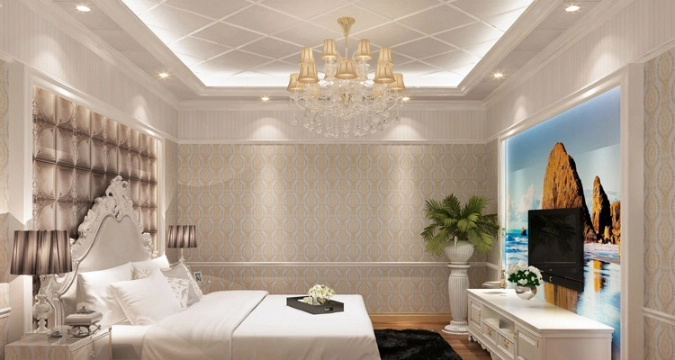 Luxurious bedroom with elegant chandelier and cozy bed