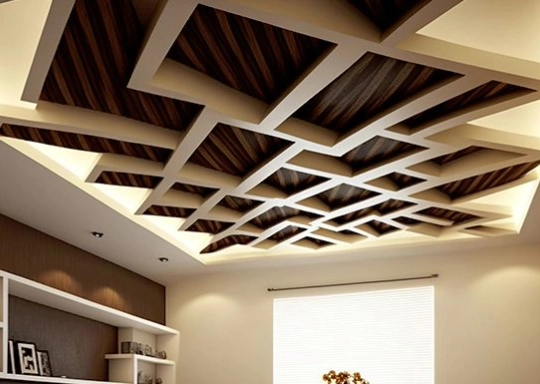 A modern living room with a wooden ceiling.